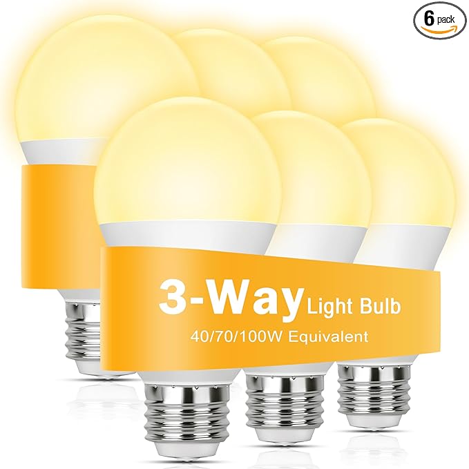3 Way Light Bulbs 40 70 100W Incandescent Equivalent, LED Dimmable 4/8/12W Three Way Light Bulbs, Soft White 3000K, E26 Medium Base A19 3 Way Bulb for Floor Lamp Desk Lamp Table Lamp Reading, 6-Pack