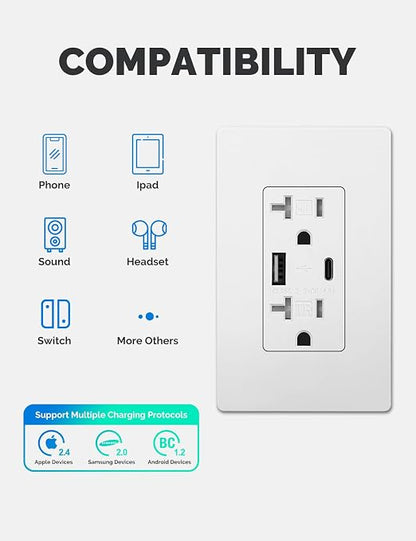MOES USB Wall Outlet 20 Amp, USB-C and USB-A 24W Charging, White, 6 Pack