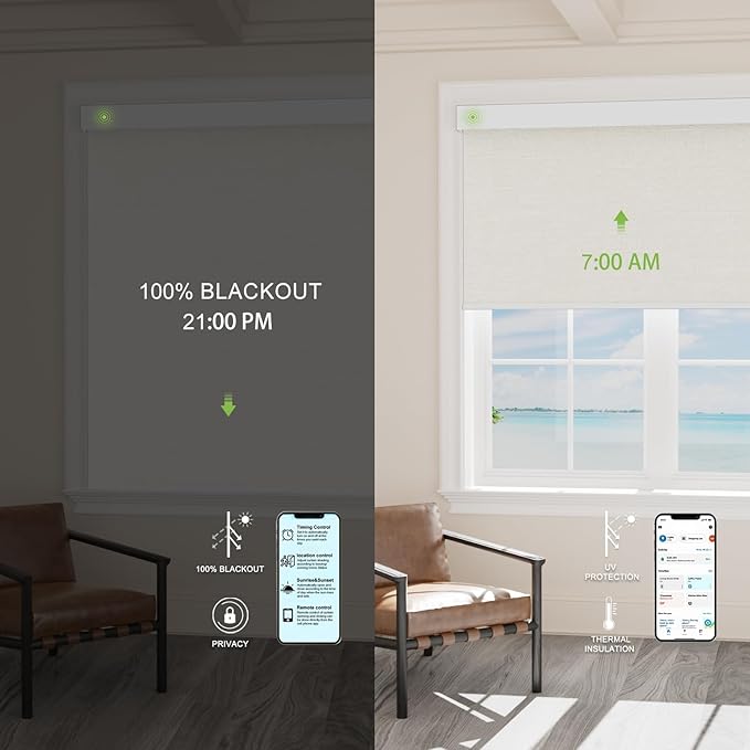 Motorized Blinds with Remote，100% Blackout Smart Blinds Motorized Roller Shades Compatible with Alexa Automatic Blinds for Windows Electric Window Blinds Customized Size Forsted Noir
