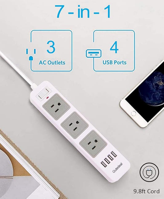 Power Strip 2 to 3 Prong 3 Meters White, 2 Prong USB Power Strip with 9.8ft Extension Long Cord, 3-Outlet Surge Protector with 4 USB Charging Ports for Workbench, Nightstand, Home, Office and Hotel