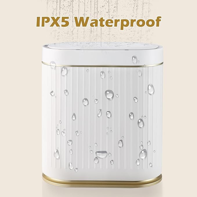 ELPHECO Bathroom Trash Can 2 Gallon Plastic Smart Garbage Can Waterproof 7.5L Wastebasket Bathroom Decor Narrow Garbage Bin with Automatic lid for Bedroom, Kitchen, Office, White Gold