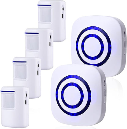 BESTOONE Motion Sensor Alarm, Long Range Wireless Driveway Alarm, Indoor Home Security System Electric Doorbells, 4 Motion Detector and 2 Alarm, 38 Chime Tunes, LED Indicator