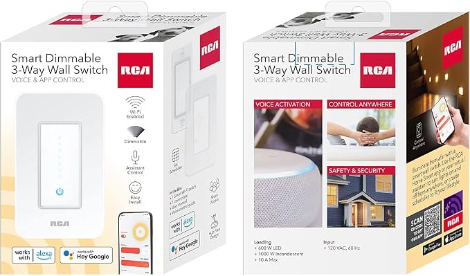 RCA 3-Way Smart Dimmer Switch for LED Lights | Dimmable Wall Switch | Smart Home Lighting 600W LED | Works from Anywhere w/Smart Home Products, Google & Alexa Devices for Home | Compatible w/RCA App