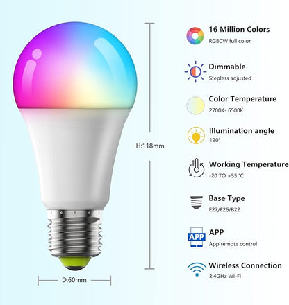 BLUEYE LED Light Bulbs,A19 E26,Remote Control,RGBCW 2700K-6500K,900Lumens,60W Equivalent,1Pack