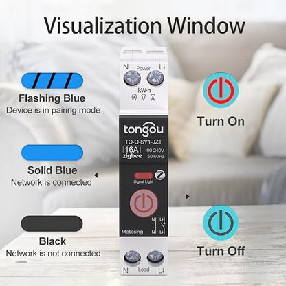 TONGOU ZigBee DIY Smart Switch 16A| DIN Rail Switch| 1P+N 90-240VAC| Real-time Power Monitoring| Remote Control and Set Timer for Home Automation| Support Tuya/Smart Life| Voice Control| FCC Certified