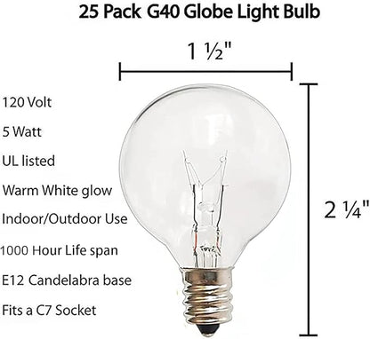 G40 Replacement Light Bulbs, 120V 5W Clear Globe Bulb, E12 C7 Candelabra Base, 1.5 Inch Glass Incandescent Bulbs for Indoor Outdoor Patio String Lights, Warm White -25 Pack
