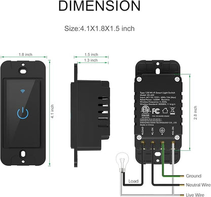 Smart Light Switch 2.4GHz WiFi Light Switch Compatible with Alexa and Google Home, Single Pole, Needs Neutral Wire (Black)