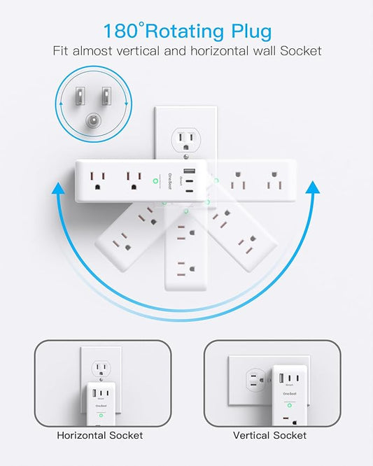 Surge Protector Outlet Extender with Rotating Plug, 6 AC Multi Plug Outlet with 3 USB Ports (2 USB C), 1800 Joules, 3-Sided Swivel Power Strip with Spaced Outlet Splitter for Home, Office, Dorm, White