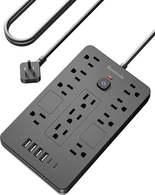 Surge Protector Power Strip - 11 Outlets(1850W/15A/14AWG) with 6 USB Ports(2 USB C), 6FT Flat Plug Extension Cord, Wall Mount, Black, ETL Listed for Home, Dorm Room