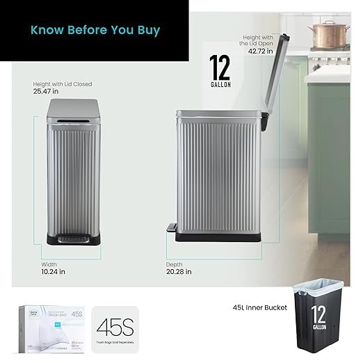 Home Zone Living 12 Gallon Slim Step Trash Can with Soft-Close Lid, Reeded Stainless Steel, Silver