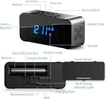 Hidden Camera with Alarm Clock & Bluetooth,Ultra 4K HD Wireless Indoor Camera for Home Security,WiFi Mini Nanny Cam with Night Vision,Motion Detection,Remote Live Stream