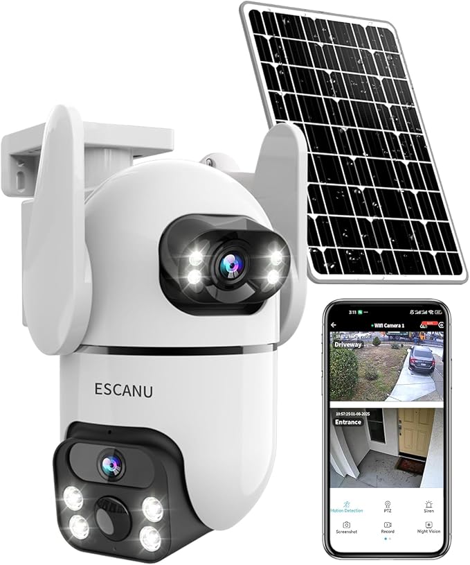 Dual Lens Security Cameras Wireless Outdoor for Home Security, 2K Ultra HD Resolution, 2.4GHz WiFi, 2-Way Audio, Color Night Vision, Motion Detection, PTZ 360 Coverage, No Monthly Fee, IP65 Waterproof