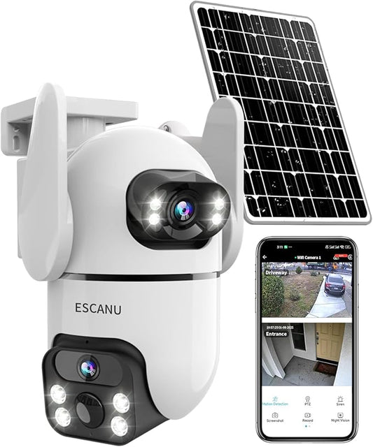 Dual Lens Security Cameras Wireless Outdoor for Home Security, 2K Ultra HD Resolution, 2.4GHz WiFi, 2-Way Audio, Color Night Vision, Motion Detection, PTZ 360 Coverage, No Monthly Fee, IP65 Waterproof