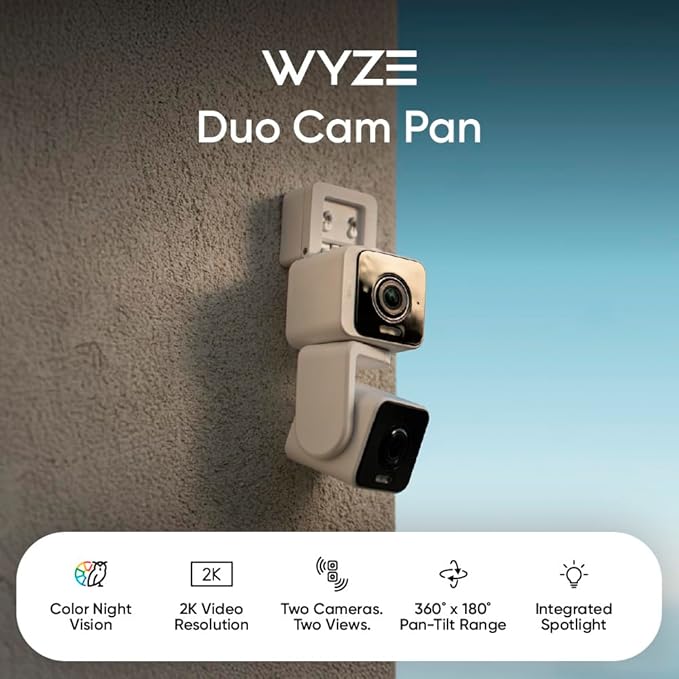 WYZE Duo Cam Pan Indoor/Outdoor IP65 2K 360° Pan/Tilt Smart Home Security Camera with Color Night Vision, Compatible with Alexa & Google Assistant, White (Renewed)