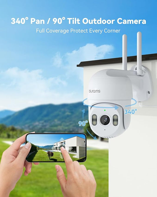 blurams 2Pack Security Cameras Outdoor Wired, 2K 360° PTZ Outdoor Security Camera, Weatherproof, 24/7 Recording with SD Card, Color Night Vision, AI Human Tracking, 2.4/5GHz WiFi6, Work with Alexa