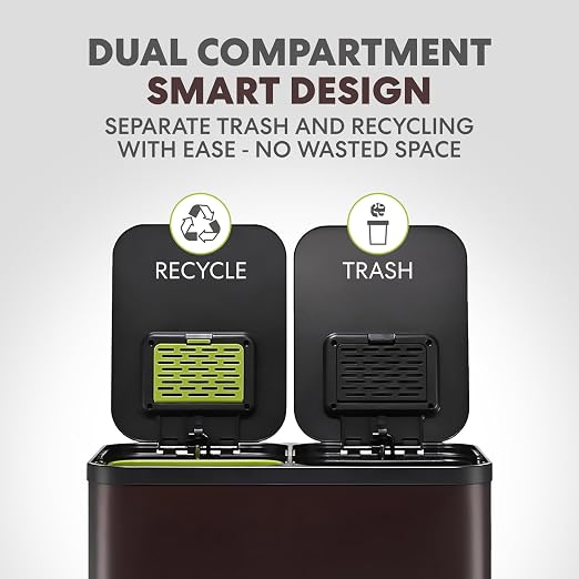 Simpli-Magic 60 Liter / 16 Gallon Rectangular Hands-Free Dual Compartment Recycling Kitchen Step Trash Can with Soft-Close Single Lid, Stainless Steel (30L x 30L Capacity) Brown