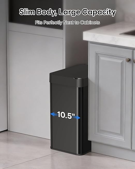 13 Gallon / 50L Touchless Automatic Trash Can, Slim Motion Sensor Kitchen Garbage Can, Stainless Steel, Soft Close Lid, Fingerprint Resistant, Hands-Free, Odor Control, Black