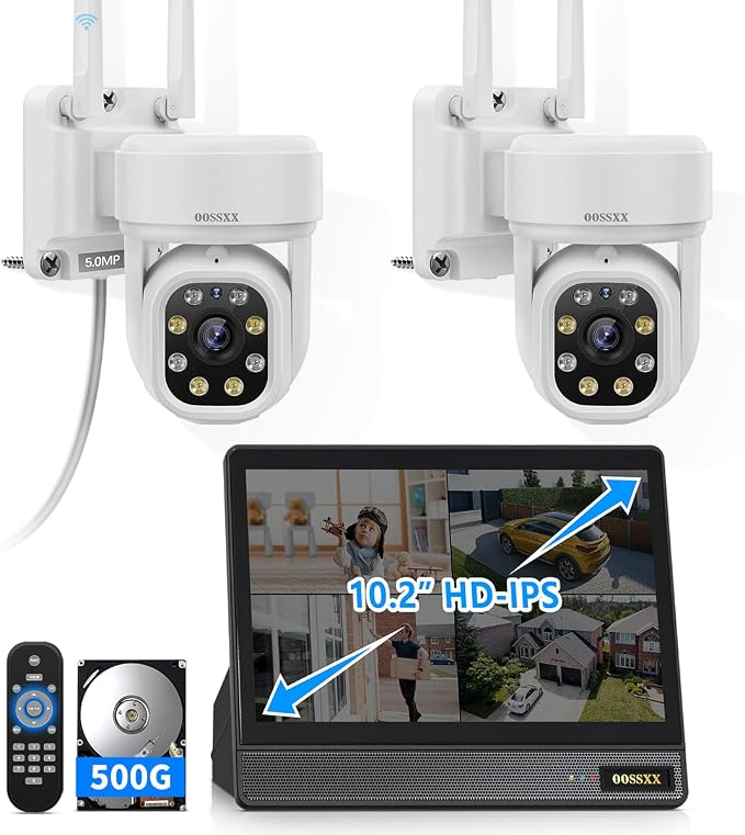 5MP PT Wireless Security Camera System 10CH 10.2" NVR Monitor 2 Cams 500GB