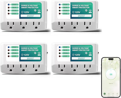 BSEED WiFi Smart Plug, 3 Outlet Surge Voltage Protector with Light Indicator, APP Control, Energy Monitoring, Wall Mount Power Suppressor for Refrigerator/TV/PC, 125V/1875W, FCC Listed,4 Pack