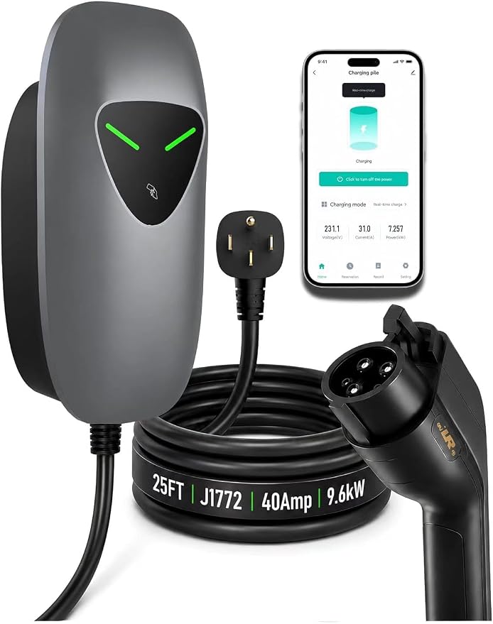 40A Level 2 EV Charger Station, J1772 240V 9.6kW WiFi App 25ft | Garage Home Driveway EV Charger,2.4GHz Smart Control,RFID Access,Indoor Outdoor Installation,UL ETL FCC Certified,Overheat