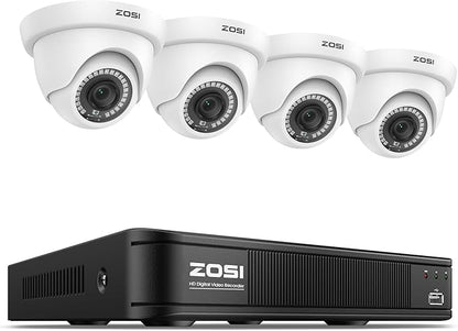 ZOSI 1080P H.265+ Home Security Camera System with AI Human Vehicle Detection, 5MP 3K 8 Channel Surveillance DVR and 4 x 1080p Weatherproof CCTV Dome Camera Outdoor Indoor, 80ft Night Vision, No HDD