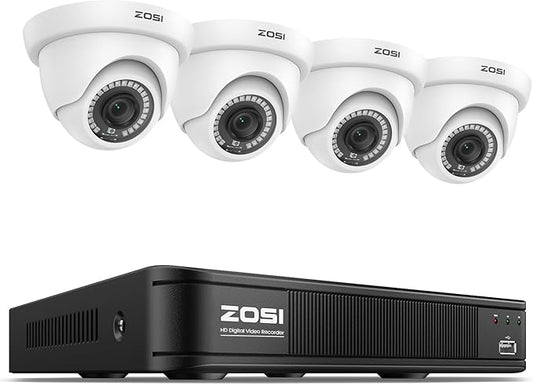 ZOSI 1080P H.265+ Home Security Camera System with AI Human Vehicle Detection, 5MP 3K 8 Channel Surveillance DVR and 4 x 1080p Weatherproof CCTV Dome Camera Outdoor Indoor, 80ft Night Vision, No HDD