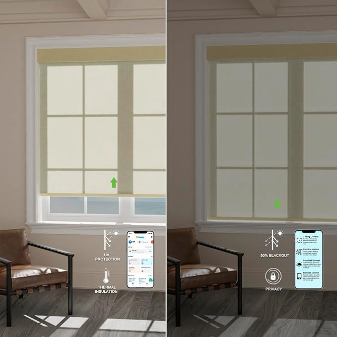 Motorized Blinds with Remote [Light Filtering] Smart Blinds Compatible with Alexa Google HomeKit, 60% Blackout Automatic Roller Shades for Indoor Windows, Customized Size, Pure Beige