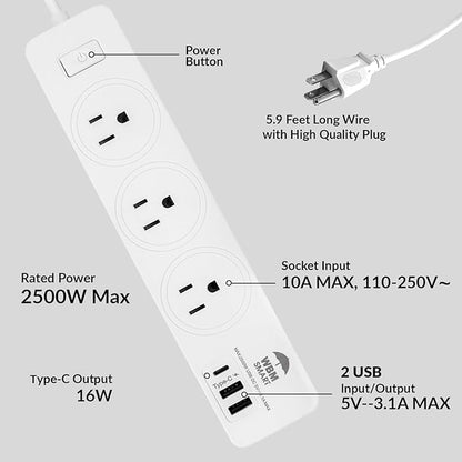 WBM Smart Power Strip 5.9 ft 10 A - Extention Cord Socket, Pack of 2 with 2 USB Ports and 1 Type C Plug, Multi Outlet Extender for Home, Office and Dorm Room
