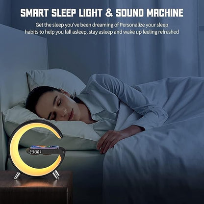 Smart Wireless Charging Alarm Clock with Bluetooth Speaker, App Controlled Bedside Lamp Table Light and Night Light, Bedroom Home Decor, Gift for Girls Boys and Family for Birthday Christmas (White)