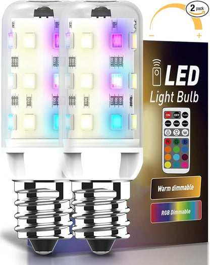 KLG E12 LED Bulb, 12 WRGB Colors Dimmable, 2.5W Small T3/T4 Candelabra Base Light Bulb, 4 Auto Modes with Sync & Memory, 25W Equivalent, 2 Pack