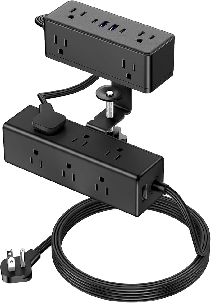 Dual Layer Desk Clamp Power Strip, Desktop Edge Mount Surge Protector with 15 AC Outlets & 4 USB Ports(20W USB-C), Ultra Thin Flat Plug & 15FT Power Cord for Office Home(ETL Listed)