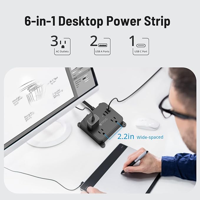 TROND 15FT Long Extension Cord, Flat Plug Power Strip with 3 AC Outlets, 2 USB-A Ports, 1 USB-C Port, Long Cord Desk Charging Station, Wall Mount for Home, Office Accessories, Dorm Room Essentials