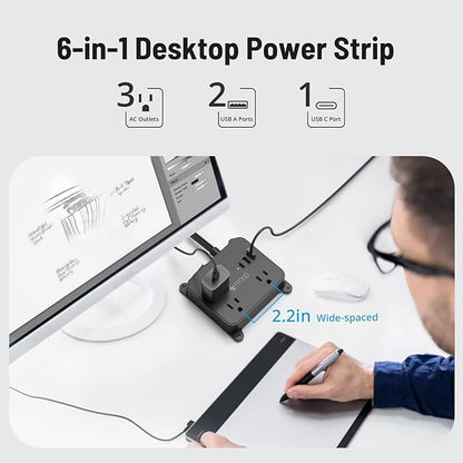 TROND 15FT Long Extension Cord, Flat Plug Power Strip with 3 AC Outlets, 2 USB-A Ports, 1 USB-C Port, Long Cord Desk Charging Station, Wall Mount for Home, Office Accessories, Dorm Room Essentials