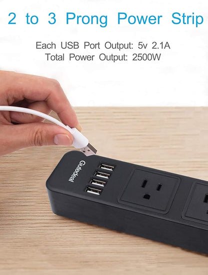 10FT 2 Prong Power Strip, USB Power Strip with 10ft Extension Long Cord, 3-Outlet Surge Protector with 4 USB Charging Ports for Smartphone, Black, 2 Pronged