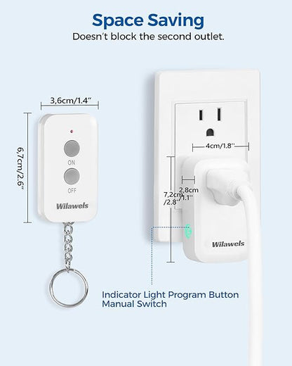 Remote Control Outlet Plug Wireless On Off Power Switch, WILAWELS Wireless Remote Light Switch for Lamp, Light, Fan, Programmable, Compact, 100ft RF Range, FCC Listed, Battery Included W02RC1106