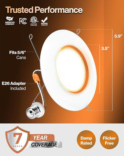 Sunco 12 Pack 5CCT LED Recessed Lighting 4 Inch with Night Light, 2700K/3000K/4000K/5000K/6000K Selectable, Dimmable Lights, 8W, 770LM, Damp Rated, Retrofit Installation - ETL