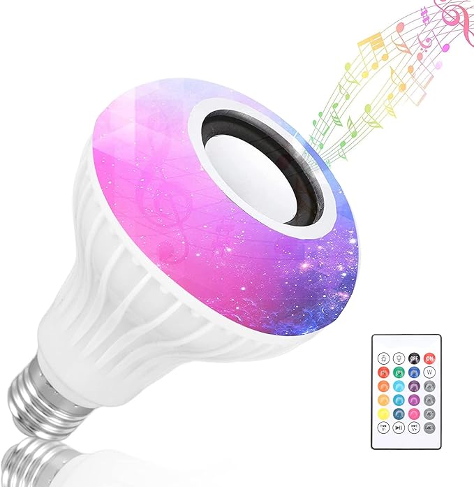 AYNEFY Music Bulb, Smart Music LED Bulb RGBW Color Changing LED Speaker Light E26 Base Remote Control with 12 Color Lights for Home Bar Bedroom Restaurant
