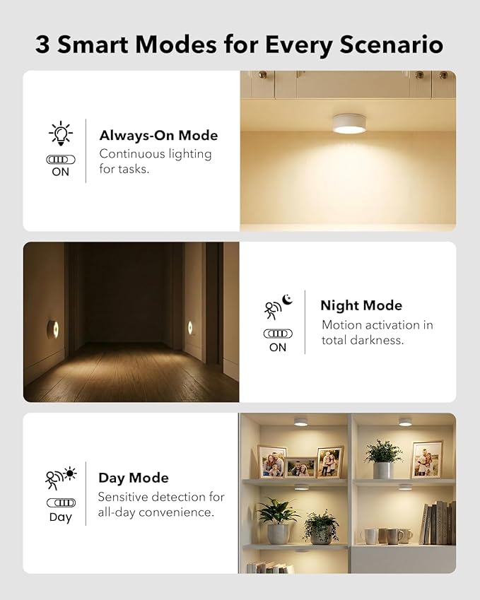 Radar Motion Sensor Puck Lights Rechargeable, Wireless RGB Under Cabinet Lighting with Remote, Color Changing Night Lights USB Magnetic Push Light for Stairs, Shelf, Showcase, Bookcase, Display