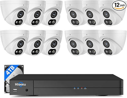 【4K HD+121°Wide View】 Hiseeu 12MP NVR 12 Pcs 4K PoE Security Cameras, 4 TB HDD for Home Surveillance Outdoor&Indoor, 2 Way Audio, Color Night Vision, Human Vehicle Detect, 7/24 Record, 0 Monthly Fee