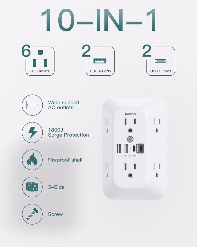 Addtam Surge Protector Outlet Extender, 6-Outlet Splitter with 4 USB Wall Charger(PD 20W), Multi Plug Wall Outlet 1800J Power Strip for Home Office Dorm Room Essentials, White