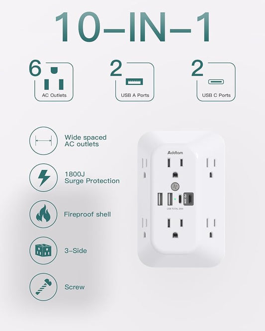 Addtam Surge Protector Outlet Extender, 6-Outlet Splitter with 4 USB Wall Charger(PD 20W), Multi Plug Wall Outlet 1800J Power Strip for Home Office Dorm Room Essentials, White