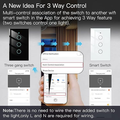 MOES 2.4GHz WiFi Wall Touch Smart Switch Neutral Wire Required, 3 Way Multi-Control, Glass Panel Light Switch Work with Smart Life/Tuya App, RF433 Remote Control, Alexa and Google Home Black 3 Gang