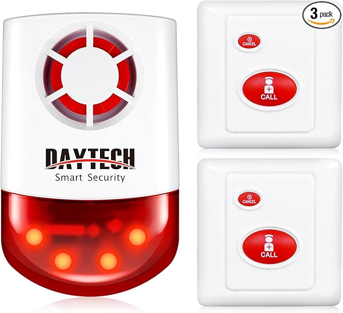 Daytech Wireless Emergency Alarm System-120dB Strobe Siren with Panic Buttons, 500ft Range, Waterproof Security Kit for Business/Home/Hotel/School (1 Red Siren+2 Buttons)
