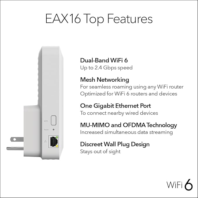NETGEAR WiFi 6 Mesh Range Extender (EAX16) - Add up to 1,500 sq. ft. and up to 20 Devices with AX2400 Dual-Band Wireless Signal Booster & Repeater (up to 2.4 Gbps Speed), WPA3 Security, Smart Roaming