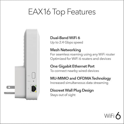 NETGEAR WiFi 6 Mesh Range Extender (EAX16) - Add up to 1,500 sq. ft. and up to 20 Devices with AX2400 Dual-Band Wireless Signal Booster & Repeater (up to 2.4 Gbps Speed), WPA3 Security, Smart Roaming