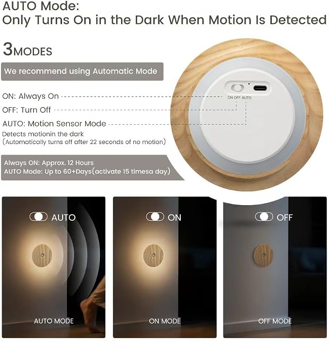 Rechargeable Night Lights with Motion Sensor, Wooden Magnetic Light