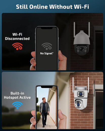 OHWOAI Dual View Wireless Outdoor Security Camera, 2.4G/5G WiFi PTZ Surveillance Cameras with Color Night Vision for Home Security