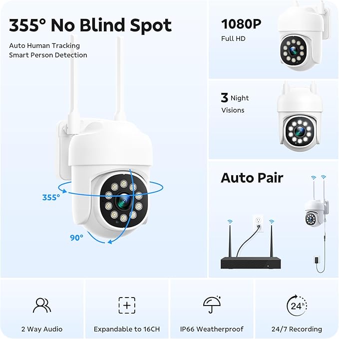 CAMCAMP 16 channel Security Camera System Wireless Cameras for home Security, 360° Auto Tracking, Pan & Tilt App Control, Two-Way Audio, 3 Night Vision, 4K NVR w/ 500GB, CCTV Surveillance Kit(16, CAM)