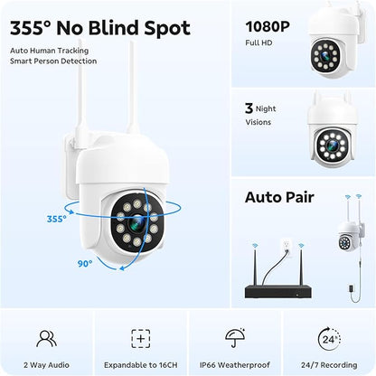 CAMCAMP 16 channel Security Camera System Wireless Cameras for home Security, 360° Auto Tracking, Pan & Tilt App Control, Two-Way Audio, 3 Night Vision, 4K NVR w/ 500GB, CCTV Surveillance Kit(16, CAM)