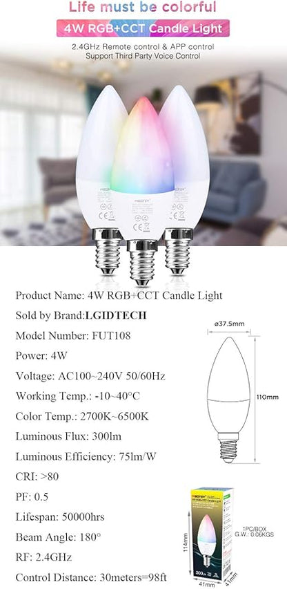 LGIDTECH FUT108 4W E14 LED 2.4GHz Candle Light Bulb AC100-240V RGB+CCT Color and Temperature Changeable,Memory Function.Smartphone APP Control via Gateway(Excluded)